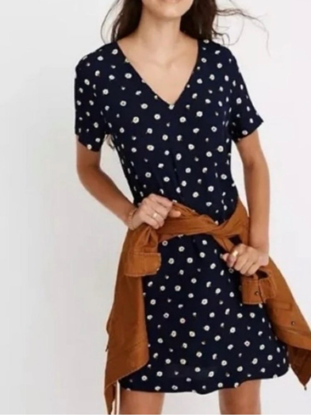 Madewell Navy and White Polka Dot V-Neck Mini Dress